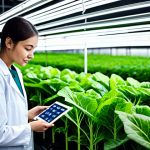 A professional eco-friendly agriculture technician, meticulously inspecting vibrant green leafy vegetables growing in a state-of-the-art indoor vertical farm. The technician, fully clothed in a clean, modest lab coat over professional attire, is holding a tablet displaying real-time data from advanced hydroponic systems and sensors. The background features rows of meticulously organized plants under LED grow lights, showcasing innovation and efficiency. Perfect anatomy, correct proportions, natural pose, well-formed hands, proper finger count, natural body proportions. Professional photography, sharp focus, high detail, realistic, vibrant colors. Safe for work, appropriate content, fully clothed, professional, family-friendly.