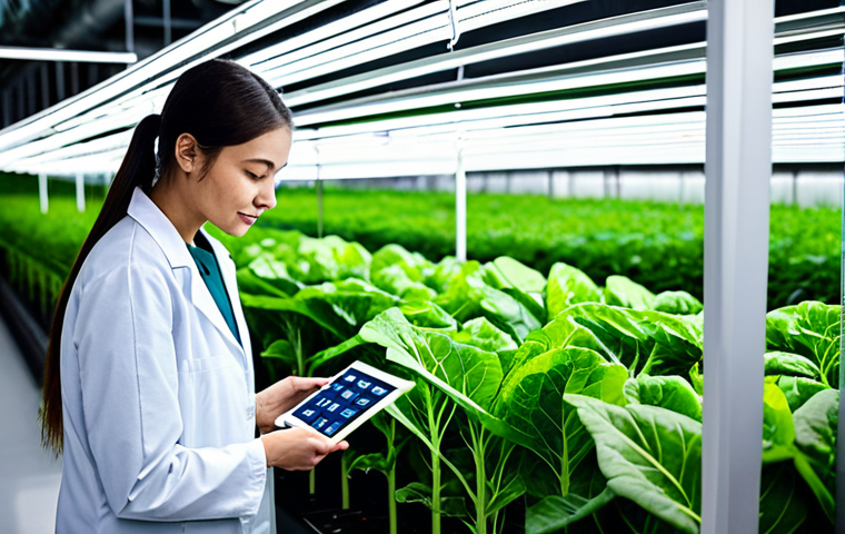 A professional eco-friendly agriculture technician, meticulously inspecting vibrant green leafy vegetables growing in a state-of-the-art indoor vertical farm. The technician, fully clothed in a clean, modest lab coat over professional attire, is holding a tablet displaying real-time data from advanced hydroponic systems and sensors. The background features rows of meticulously organized plants under LED grow lights, showcasing innovation and efficiency. Perfect anatomy, correct proportions, natural pose, well-formed hands, proper finger count, natural body proportions. Professional photography, sharp focus, high detail, realistic, vibrant colors. Safe for work, appropriate content, fully clothed, professional, family-friendly.