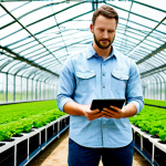 A professional male environmental agricultural engineer in his mid-30s, dressed in a modest, light-colored field shirt and durable work pants. He stands confidently in a large, modern greenhouse, observing rows of lush, healthy plants being nourished by a precision irrigation system. He holds a tablet displaying data, gesturing towards the advanced hydroponic setup. The greenhouse is clean, brightly lit with natural sunlight, with smart sensors visible among the foliage. Background shows vibrant green crops and a clear blue sky through the glass roof. Professional photography, high detail, realistic, vibrant colors, clear focus. perfect anatomy, correct proportions, natural pose, well-formed hands, proper finger count, natural body proportions, fully clothed, modest clothing, appropriate attire, professional dress, safe for work, appropriate content, professional.
