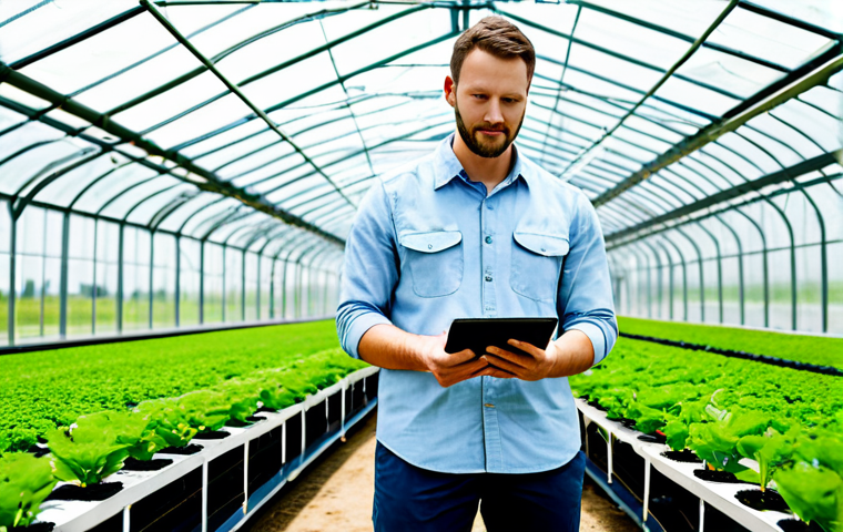 A professional male environmental agricultural engineer in his mid-30s, dressed in a modest, light-colored field shirt and durable work pants. He stands confidently in a large, modern greenhouse, observing rows of lush, healthy plants being nourished by a precision irrigation system. He holds a tablet displaying data, gesturing towards the advanced hydroponic setup. The greenhouse is clean, brightly lit with natural sunlight, with smart sensors visible among the foliage. Background shows vibrant green crops and a clear blue sky through the glass roof. Professional photography, high detail, realistic, vibrant colors, clear focus. perfect anatomy, correct proportions, natural pose, well-formed hands, proper finger count, natural body proportions, fully clothed, modest clothing, appropriate attire, professional dress, safe for work, appropriate content, professional.