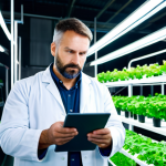 A professional agricultural expert, wearing a clean lab coat over modest attire, standing confidently in a state-of-the-art indoor vertical farm. The background features rows of lush, green hydroponically grown leafy vegetables under soft LED grow lights. The expert is holding a tablet displaying plant health data, with a focused and knowledgeable expression. The scene emphasizes innovation and precision farming. Perfect anatomy, correct proportions, natural pose, well-formed hands, proper finger count, natural body proportions. Safe for work, appropriate content, fully clothed, professional dress, family-friendly, high-quality photography, sharp focus.