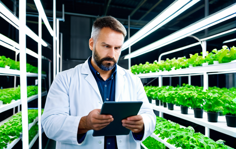 A professional agricultural expert, wearing a clean lab coat over modest attire, standing confidently in a state-of-the-art indoor vertical farm. The background features rows of lush, green hydroponically grown leafy vegetables under soft LED grow lights. The expert is holding a tablet displaying plant health data, with a focused and knowledgeable expression. The scene emphasizes innovation and precision farming. Perfect anatomy, correct proportions, natural pose, well-formed hands, proper finger count, natural body proportions. Safe for work, appropriate content, fully clothed, professional dress, family-friendly, high-quality photography, sharp focus.