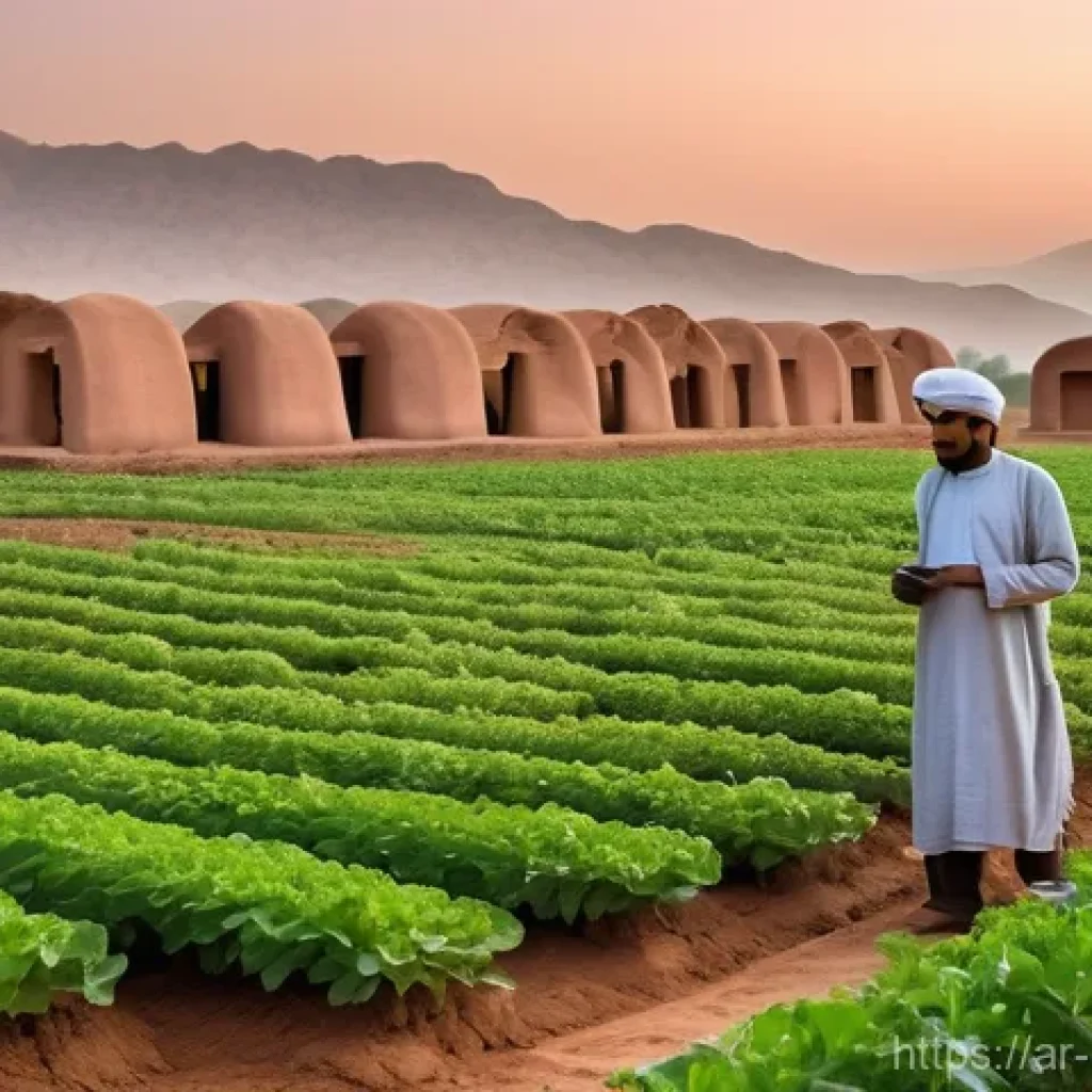 친환경농업기술자 실무에 필요한 자격증 - A serene and thriving organic farm in an arid, Middle Eastern landscape at dawn. The fields are lush...