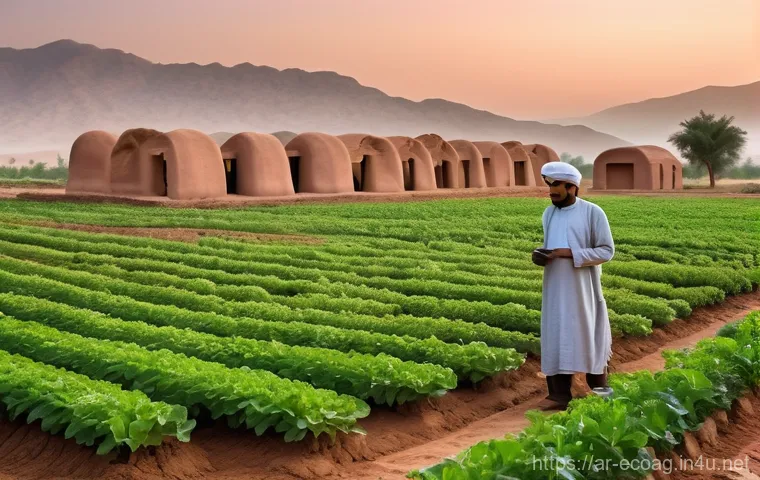 친환경농업기술자 실무에 필요한 자격증 - A serene and thriving organic farm in an arid, Middle Eastern landscape at dawn. The fields are lush...