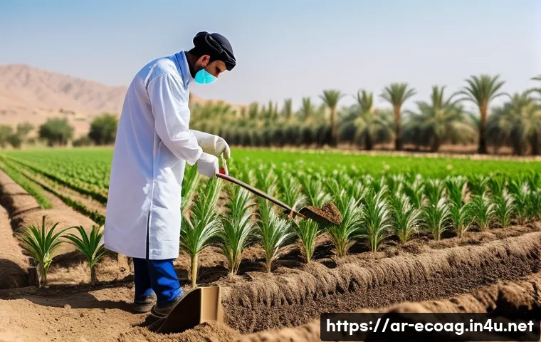 친환경농업기술자 경력 개발을 위한 학습법 - A detailed scene of an Arab agricultural engineer wearing modest professional attire and safety gear...
