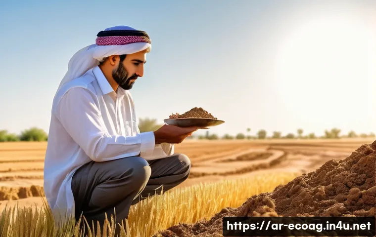 친환경농업기술자 실무 능력 배양을 위한 방법 - A detailed scene of an Arabic farmer examining soil samples in a traditional Middle Eastern agricult...