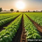 Home 21 친환경농업 자격증 시험과목 - A vibrant, sunlit organic farm in an Arabic rural setting, showing a diverse crop rotation with lush...