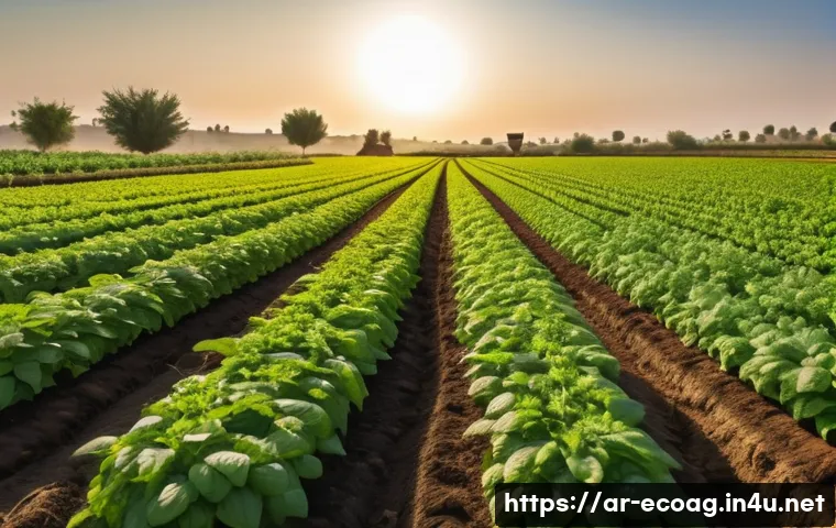 친환경농업 자격증 시험과목 - A vibrant, sunlit organic farm in an Arabic rural setting, showing a diverse crop rotation with lush...
