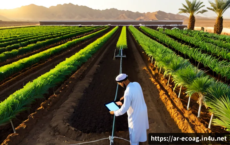 친환경농업 기술의 장기적인 전망 - Photorealistic wide view of a sustainable farm in a Middle Eastern oasis landscape, solar-powered ir...
