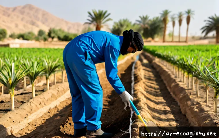 친환경농업기술자 업무 수행 시 필수 사항 - Photorealistic sustainable agriculture technician in modest long-sleeve workwear and protective boot...