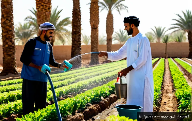 친환경농업 실무 능력 향상 방법 - Photorealistic sustainable farming workshop in a sunlit date-palm orchard, Arab farmer in modest wor...