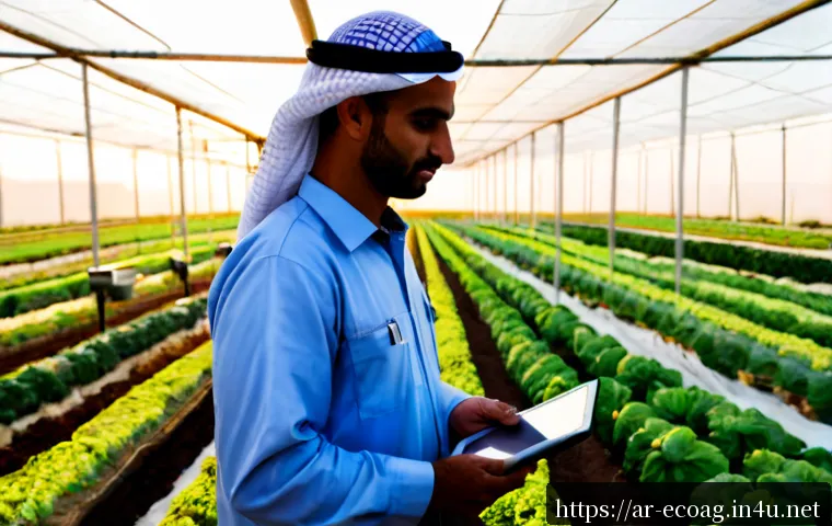 Home 17 친환경농업기술자 연봉 상승 방법 - Photorealistic Arab eco-agriculture technician in modest professional field clothing, standing confi...